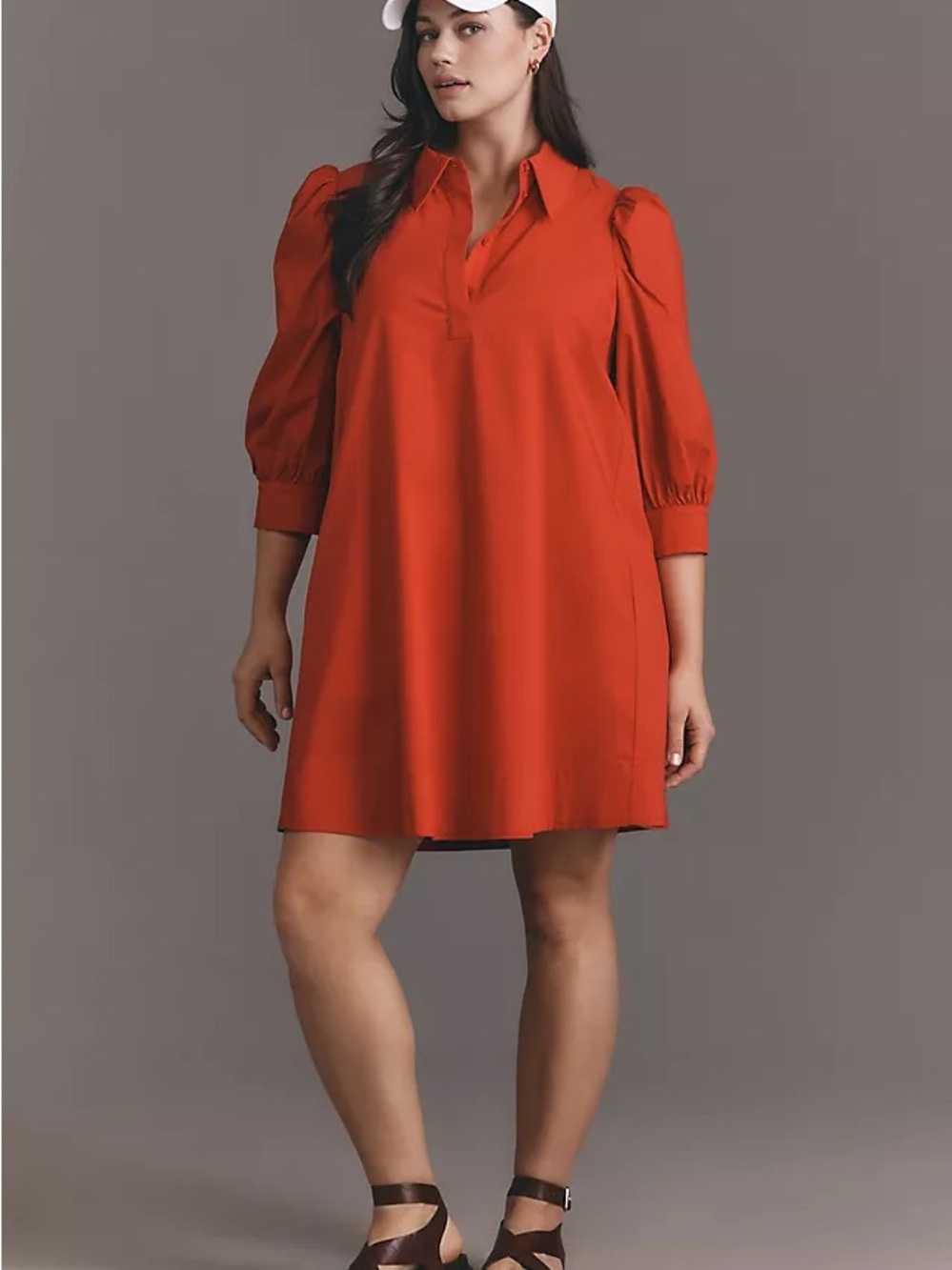 English Factory Puff-Sleeve Mini Shirt Dress in Red